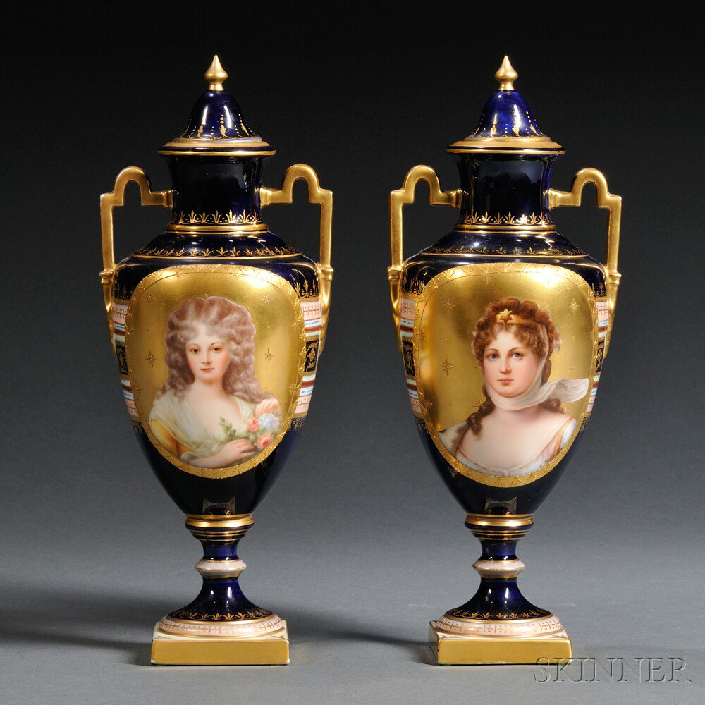 Appraisal: Pair of Vienna Porcelain Portrait Vases and Covers Austria late