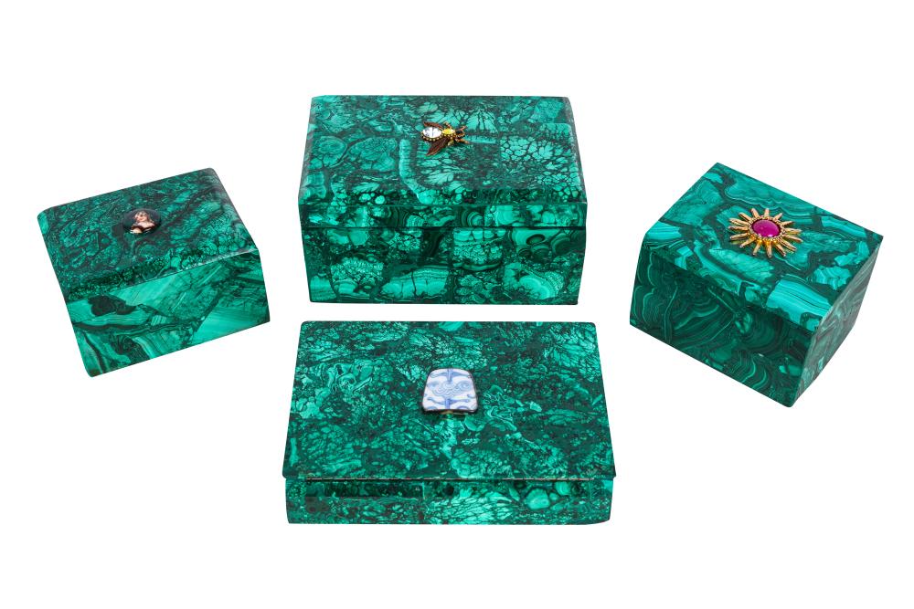 Appraisal: GROUP OF FOUR RUSSIAN MALACHITE BOXES th century largest measuring