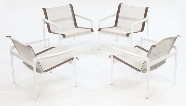 Appraisal: Richard Schultz dining lounge chairs four white and brown vinyl