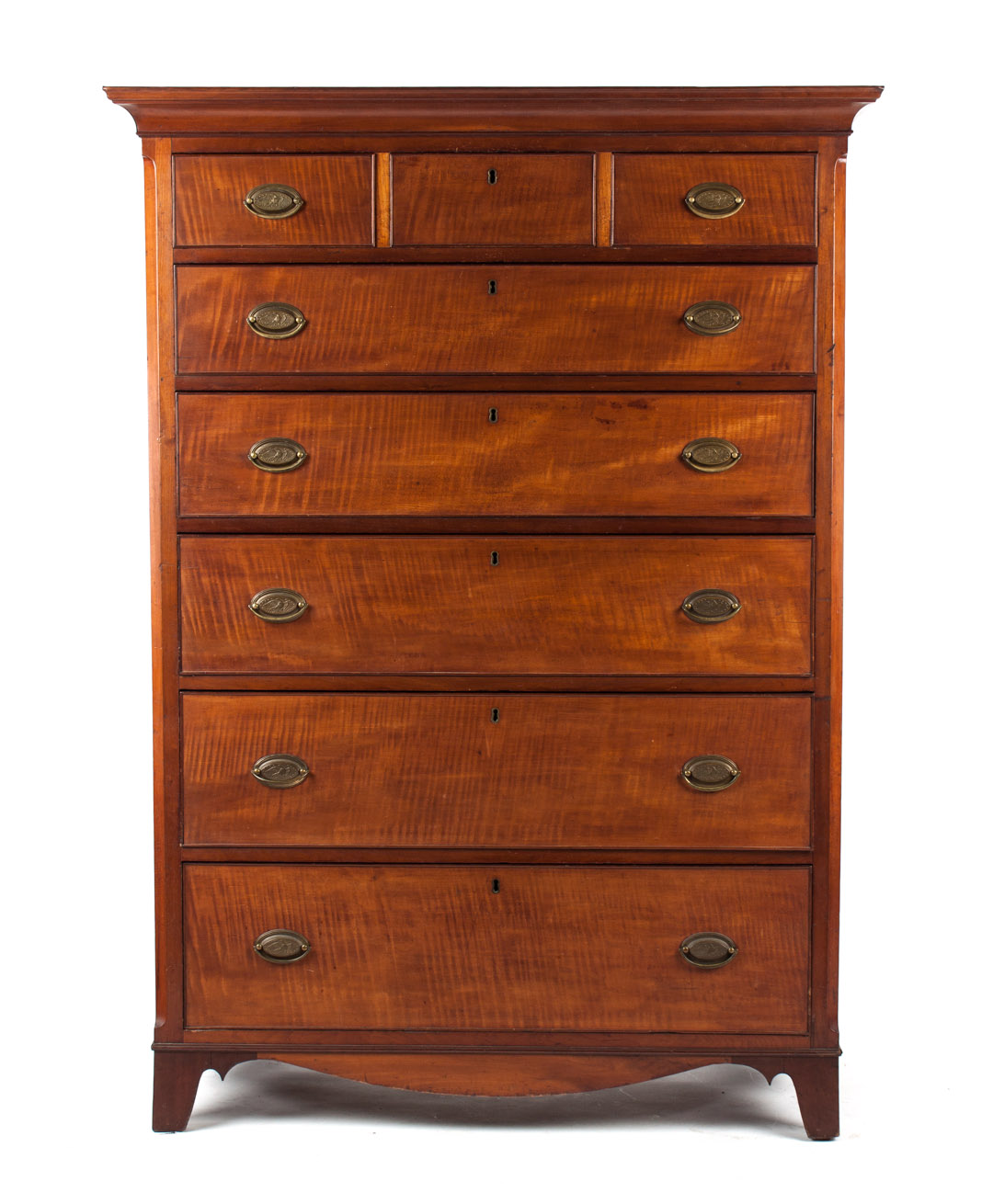 Appraisal: Federal tiger maple and cherrywood tall chest circa Pennsylvania cherrywood