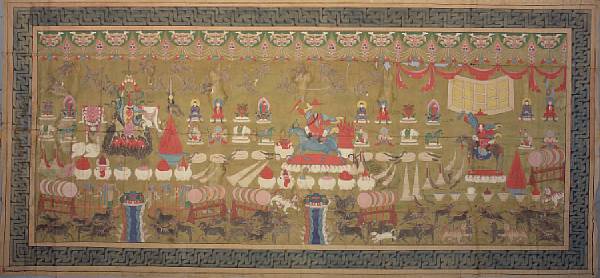 Appraisal: A massive Tibetan painted cloth hanging Circa Featuring birds of