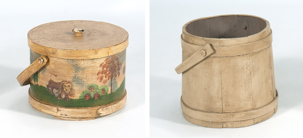 Appraisal: CIRCULAR COVERED BOX WITH HANDLE in wood with painted landscape