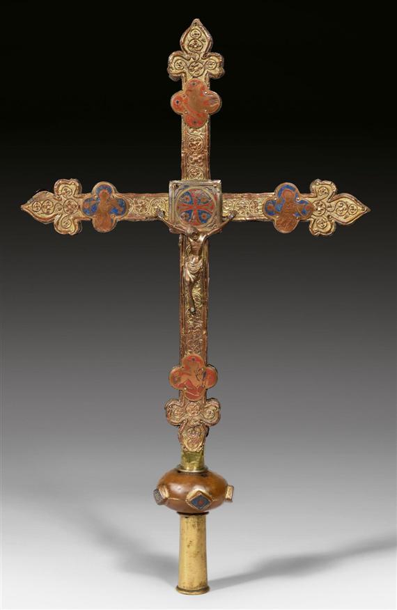 Appraisal: PROCESSIONAL CROSS probably Upper-Rhine circa Wooden core mounted with chased