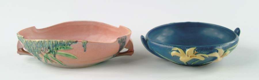 Appraisal: TWO PIECES OF ROSEVILLE POTTERY Blue Roseville Zephyr lily shallow