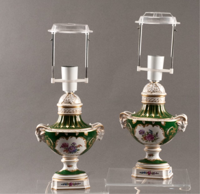 Appraisal: Two Dresden Table Lamps Urn form with ram's head handles