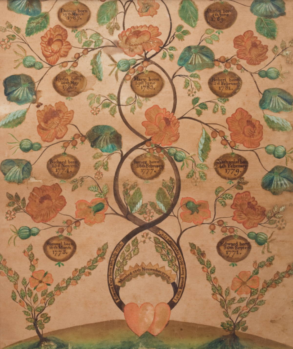 Appraisal: RARE AMERICAN WATERCOLOR TREE OF LIFE FAMILY REGISTER FOR EDWARD