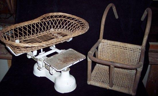 Appraisal: A set of infant scales with wicker basket and a