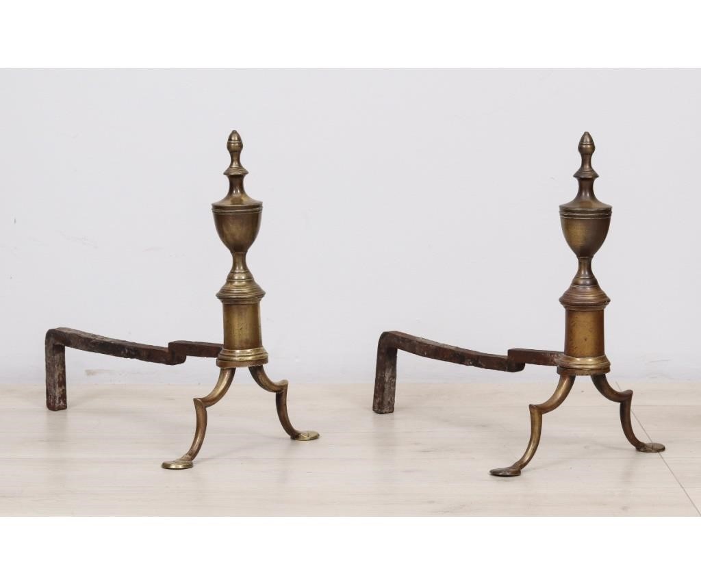 Appraisal: Pair of Federal brass andirons circa with urn-form finials spurred