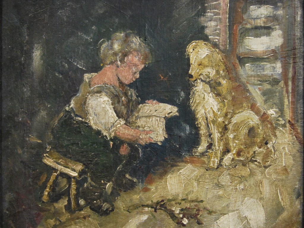 Appraisal: Oil on board of a young boy reading to his