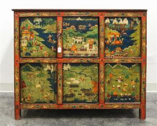 Appraisal: A Tibetan Lacquered and Painted Elmwood Cabinet Height x width