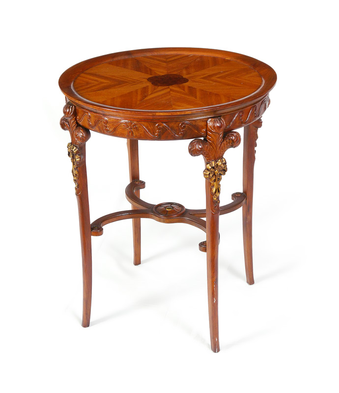 Appraisal: PARQUETRY INLAID CARVED SIDE TABLE Parquetry inlaid top carved skirt