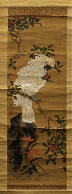 Appraisal: SHUKI OKAMOTO PARROT ON ROCKERY SCROLL PAINTING Japan - Attributed