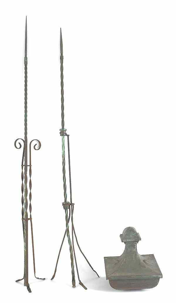 Appraisal: Two iron and copper lightning rods l together with three