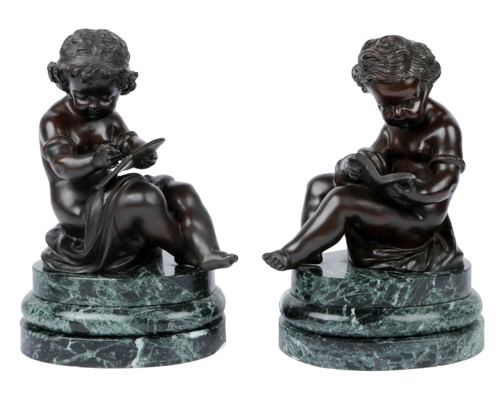 Appraisal: PAIR OF PATINATED BRONZE CHERUB FIGURESunsigned each mounted to a