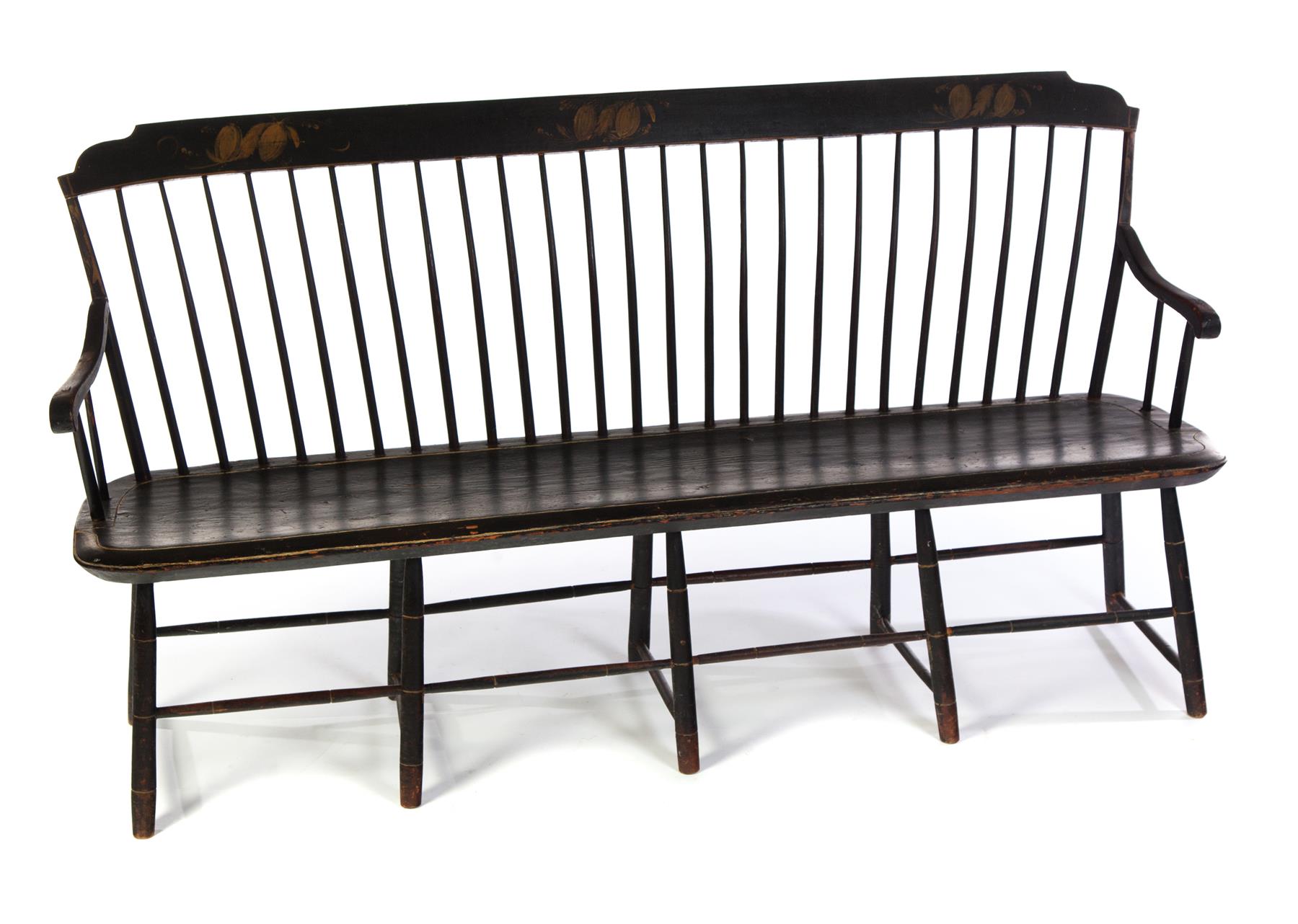 Appraisal: AMERICAN WINDSOR SETTLE BENCH Nineteenth century pine Spindle back bamboo