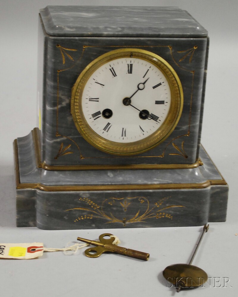 Appraisal: French Gray Marble Mantel Clock -in dia enameled dial with