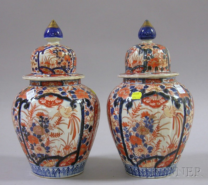 Appraisal: Pair of Imari Covered Jars floral and bird decoration ht