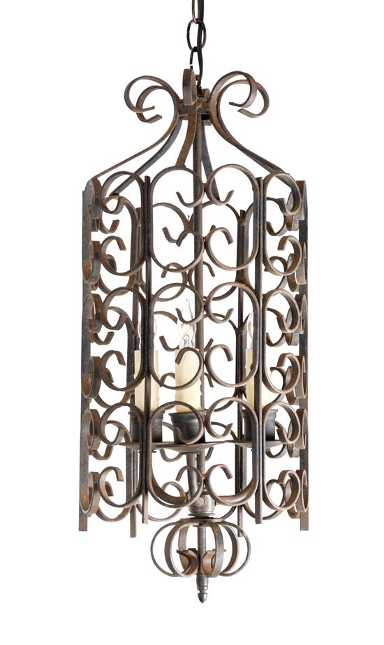 Appraisal: Sale Lot A Three-Light Wrought Iron Scroll Lantern -