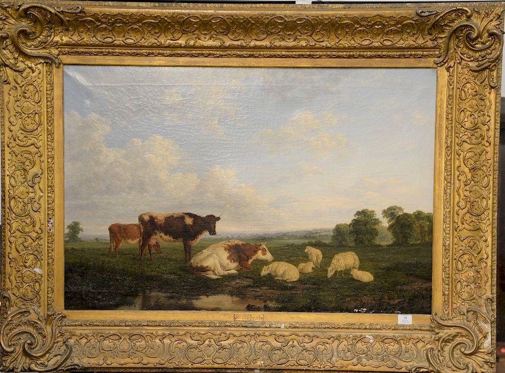 Appraisal: Country farm landscape with cows and sheep oil on canvas