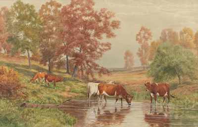 Appraisal: Thomas Bigelow Craig American - Cows watering Watercolor on board