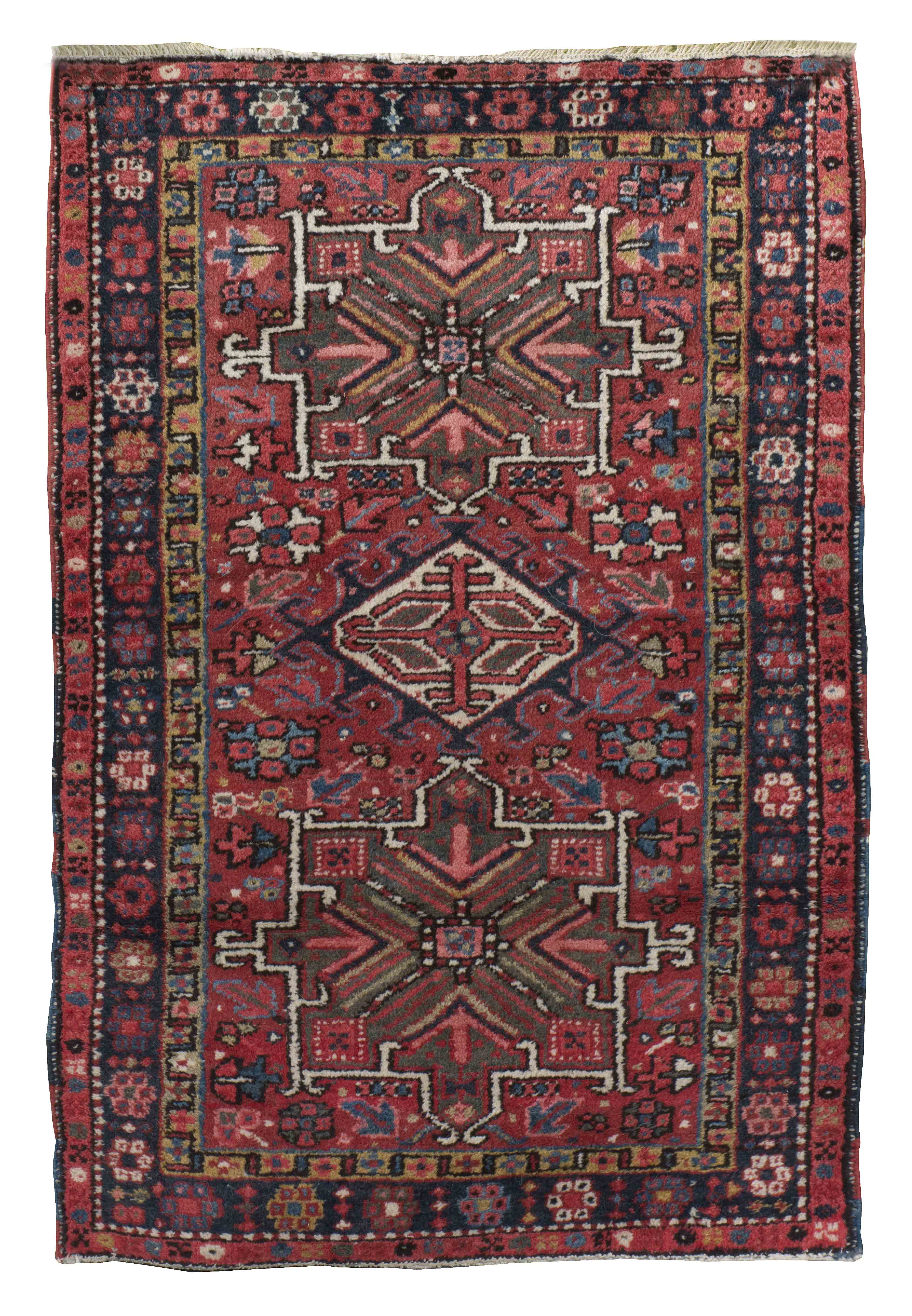 Appraisal: ORIENTAL RUG KARAJA ' x ' Three traditional geometric medallions