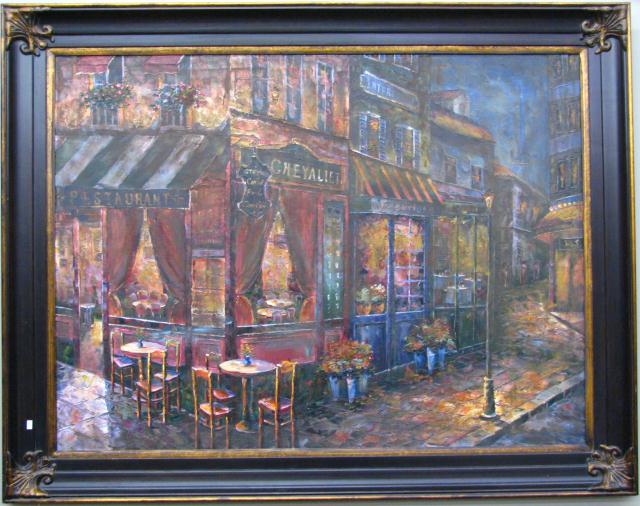 Appraisal: Framed Decorator Oil Painting depicting European Sidewalk Cafe size as