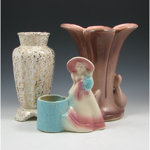 Appraisal: Three Pottery Pieces Incl Swan Vase Lady Three pottery pieces