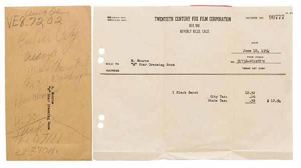 Appraisal: A Marilyn Monroe annotated envelope and receipt for a black