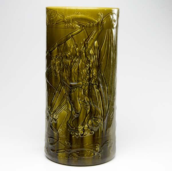 Appraisal: AMERICAN MAJOLICA Umbrella stand embossed with fisherman and maiden in