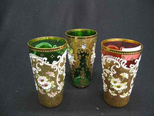 Appraisal: Moser Enameled Art Glass Tumblers a triowith outstanding raised florals