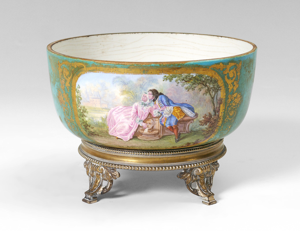 Appraisal: SEVRES STYLE HAND PAINTED BOWL WITH BRONZE BASE Center bowl