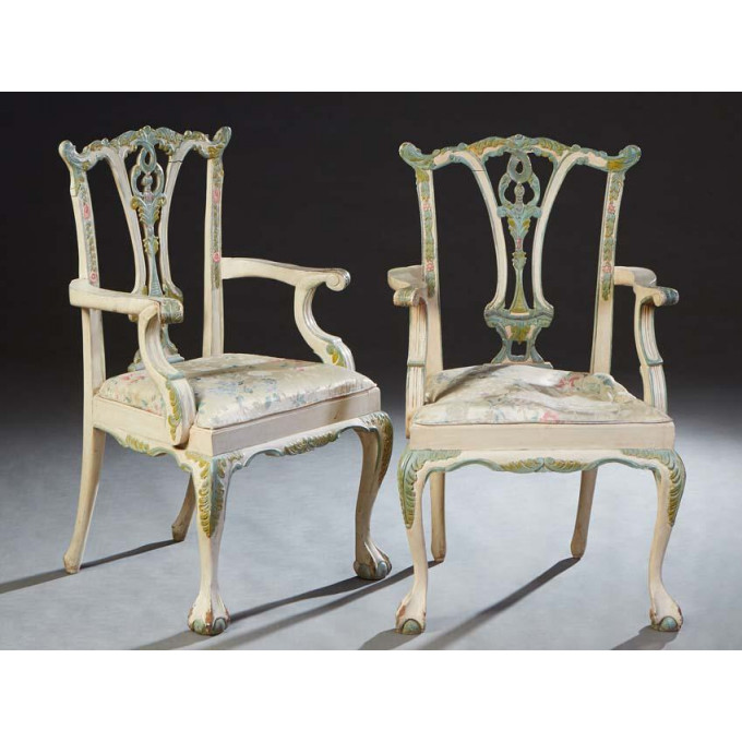 Appraisal: Pair of Polychromed beech Chippendale Style Armchairs th c the