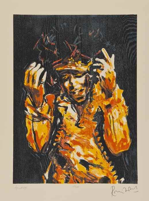 Appraisal: Ronnie Wood b Hendrix woodcut printed in colours signed and