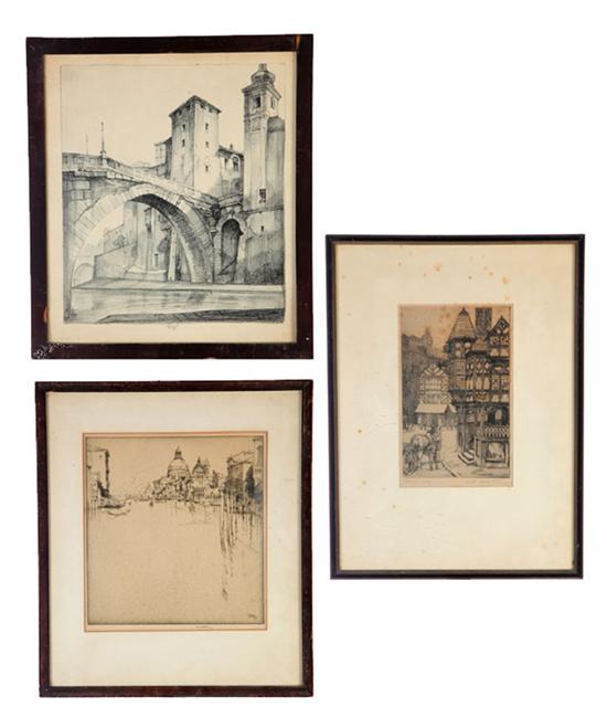 Appraisal: THREE PRINTS Two etchings and a charcoal drawing of European