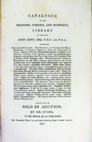 Appraisal: DENT JOHN Catalogue of the Splendid Curious and Extensive Library