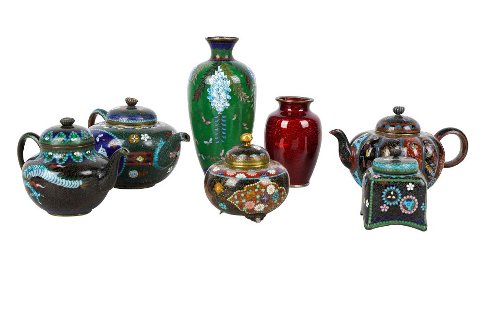 Appraisal: COLLECTION OF CLOISONNE PIECEScomprising three teapots two vases inkwell and