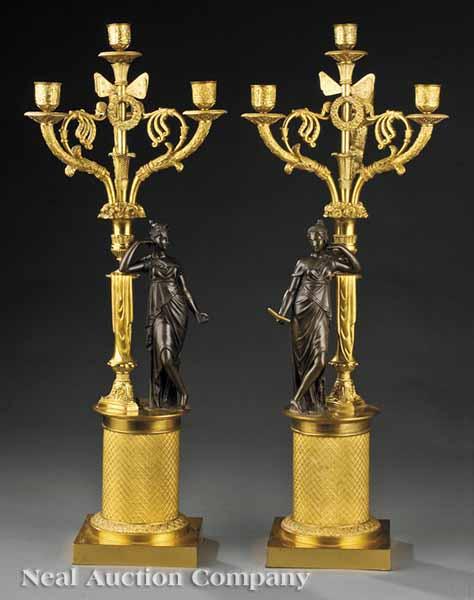 Appraisal: A Pair of Empire-Style Bronze and Ormolu Four-Light Figural Candelabra