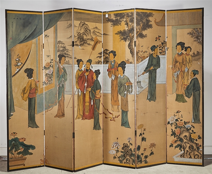 Appraisal: Chinese six-panel painted screen depicting figures in an outdoor setting