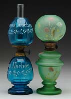 Appraisal: TWO FOREIGN MINI LAMPS Unlisted Satinized green glass with multi-colored