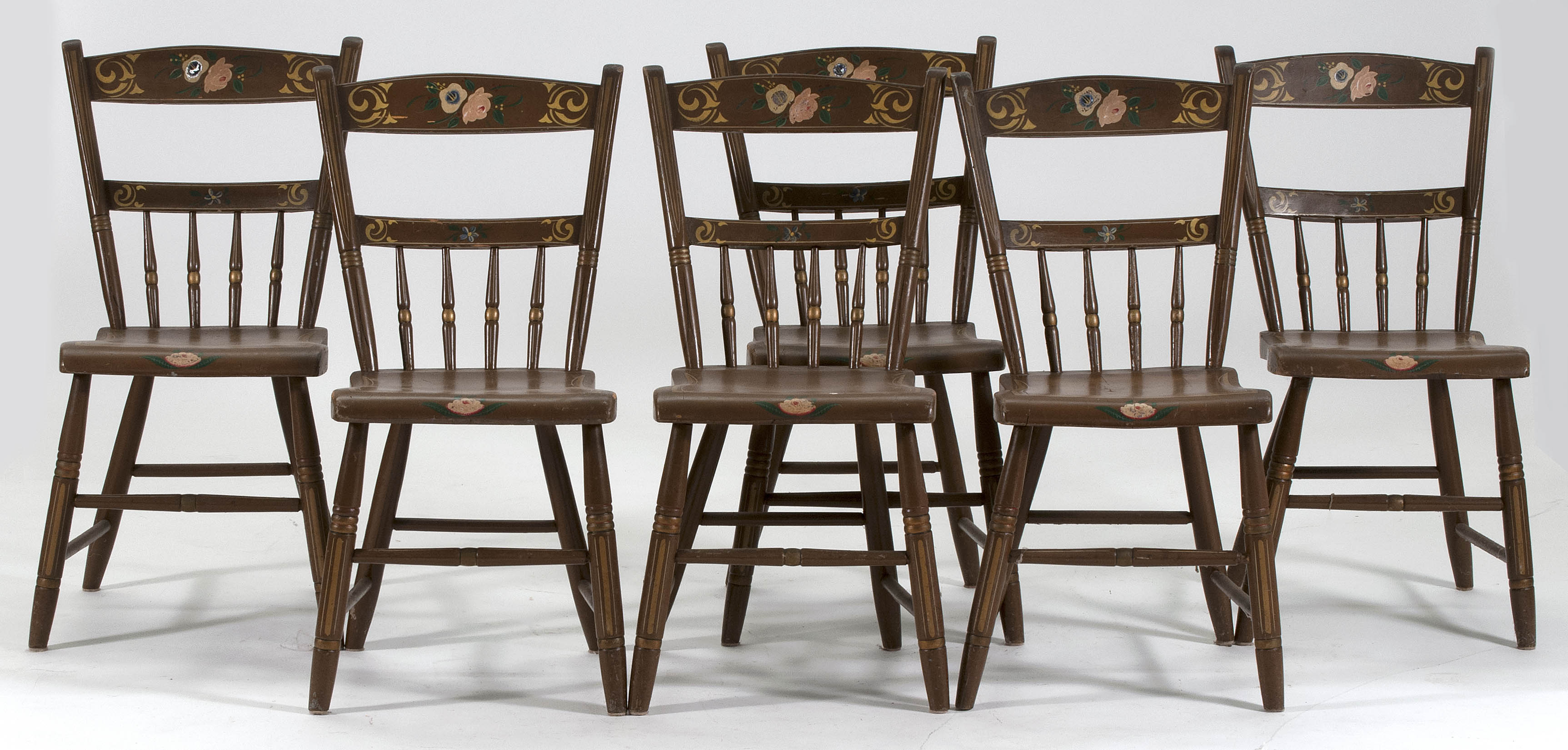 Appraisal: SET OF SIX ANTIQUE AMERICAN PLANK-SEAT SIDE CHAIRS Pennsylvania Second