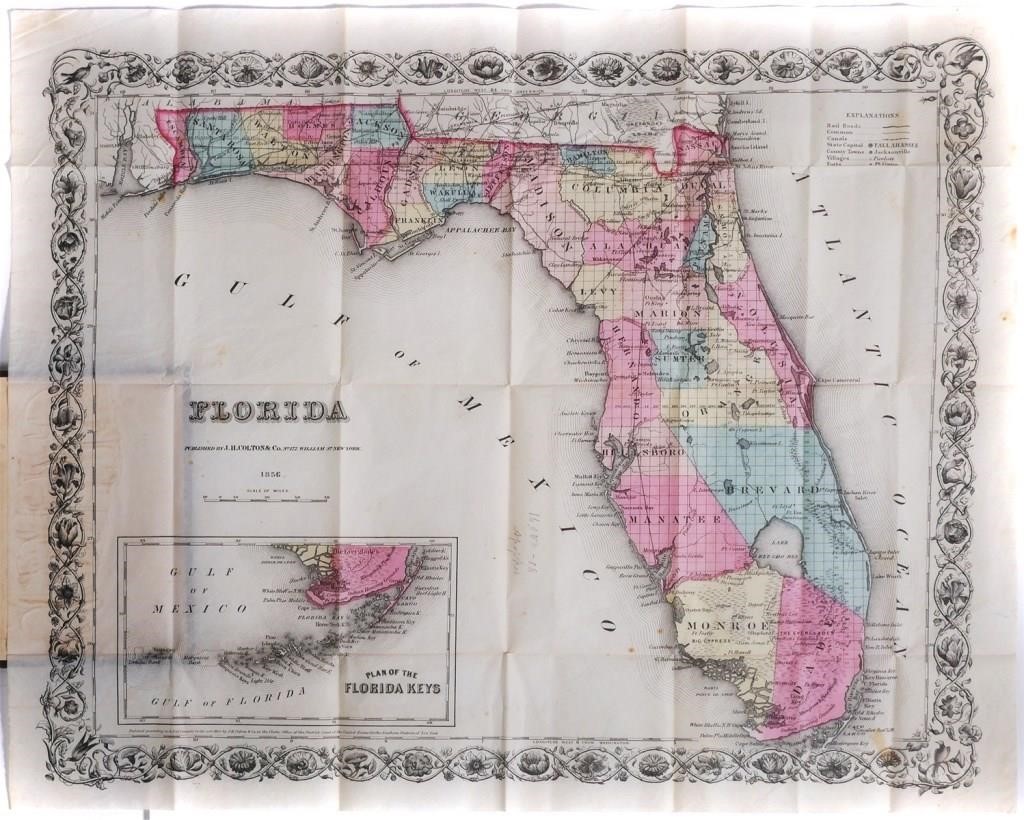 Appraisal: MAP OF FLORIDA COLTON HAND-COLOREDAntebellum dated folding map of Florida