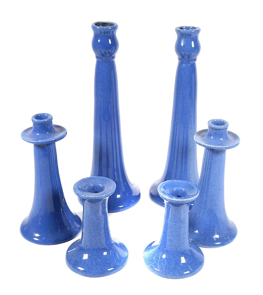 Appraisal: ORLANDO POTTERIES Speckled Blue Candlesticks A group of candlesticks with