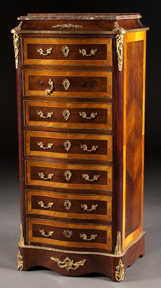 Appraisal: Louis XVI style gilt brass-mounted kingwood and tulipwood marble-top secretaire