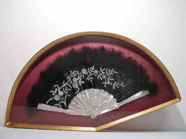 Appraisal: th century black satin fan with needlework feathers and Mother