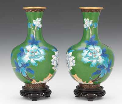 Appraisal: A Pair of th Century Cloisonne Vases with Stands Baluster