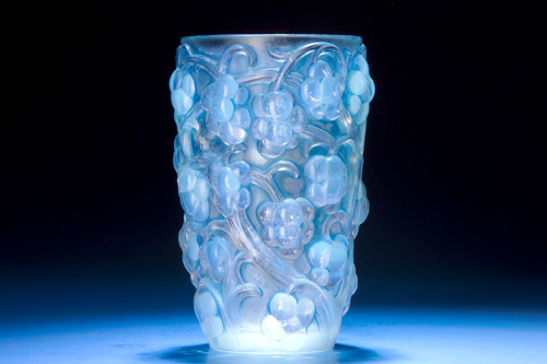 Appraisal: R LALIQUE Vase Raisins opalescent with blue patina ca Stenciled