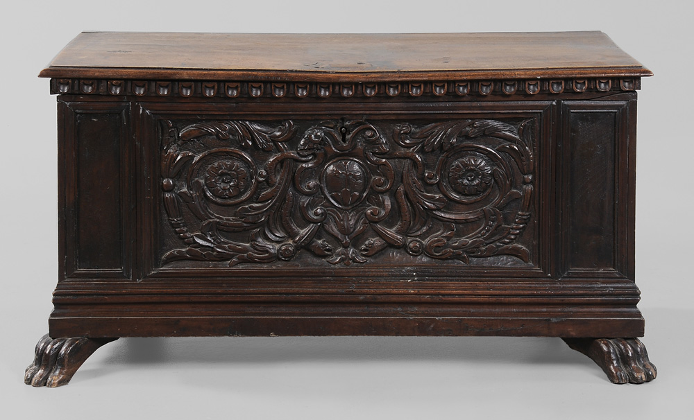 Appraisal: Continental Baroque Carved Walnut Cassone French or Italian th century