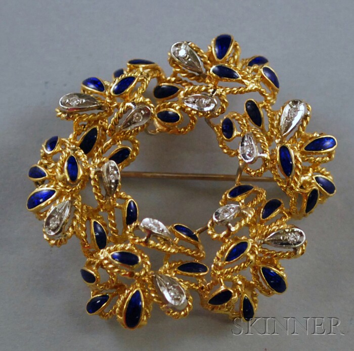 Appraisal: kt Gold Diamond and Blue Enamel Wreath Brooch total dwt