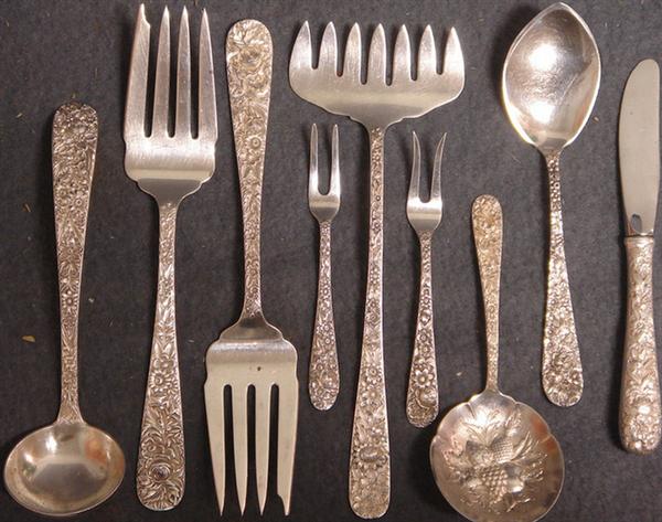 Appraisal: pcs Kirk Repousse sterling silver flatware meat forks ladle sardine