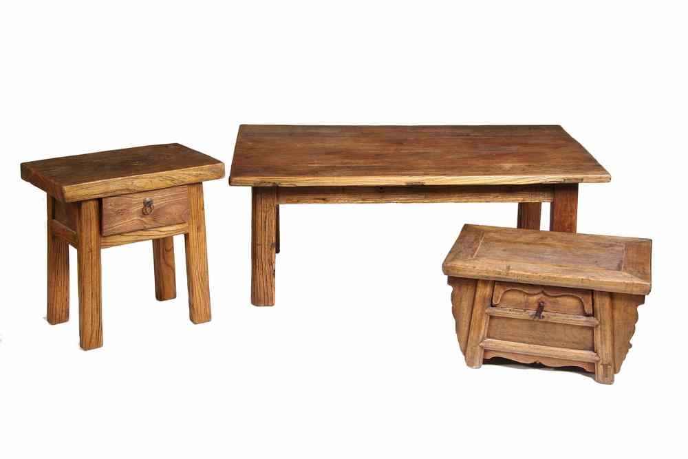 Appraisal: LOW CHINESE TABLES - Including Heavily Grained Elm Slabtop Table